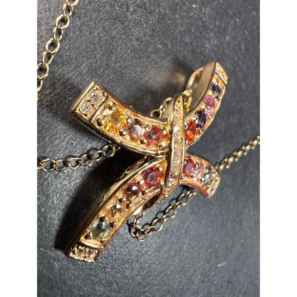 NEW Rainbow sapphire curved cross pendant and chain in gold over sterling silver - Picture 11 of 13